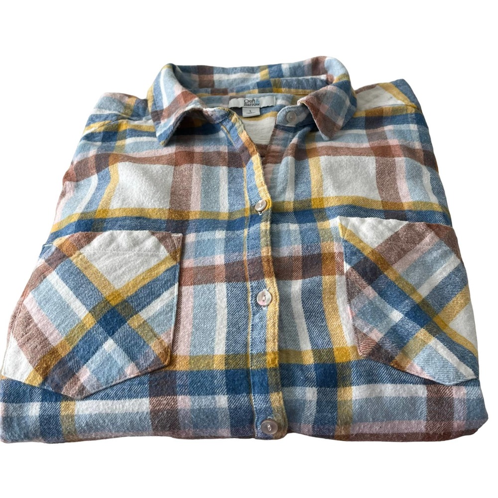 CROFT & BARROW LONG SLEEVE FLANNEL SHIRT, WOMENS, L, BLUE BRN PINK YELLOW PLAID - Picture 5 of 11